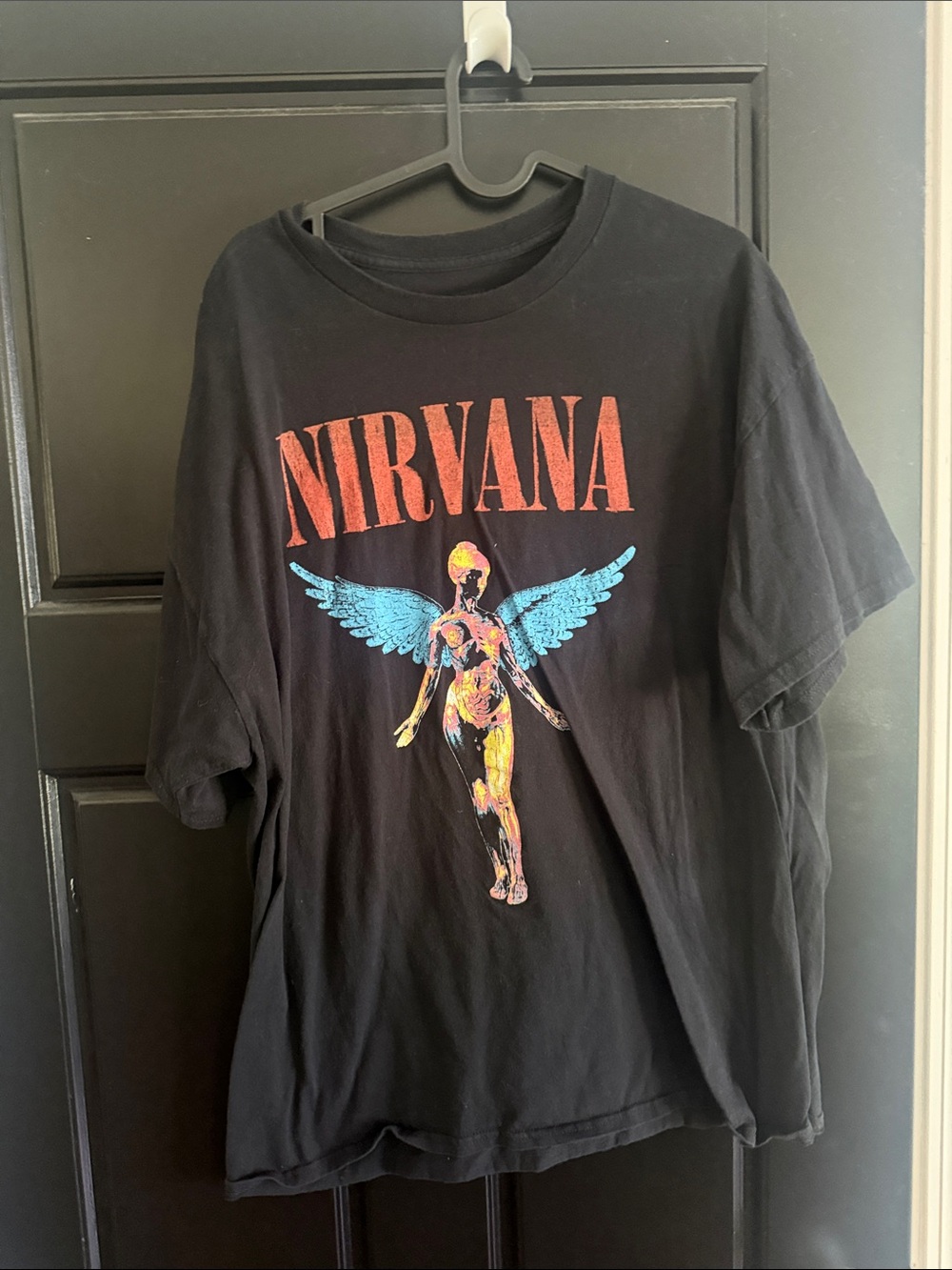 NIRVANA Black Tee with Red Logo and Blue Winged Angel